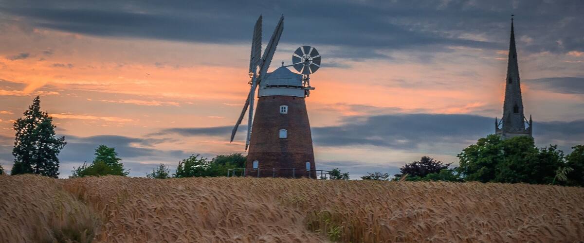 A windmill and a church tower in a wheat field.