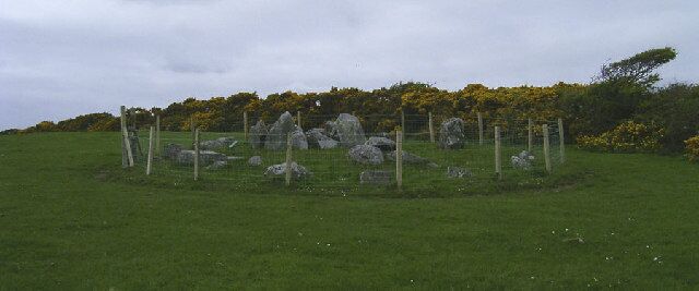 Ballakelly Cairn, Santon. Possibly the remains of a Neolithic Chambered Cairn, with later Bronze Age 'cup-marks' carved on some of the stones.