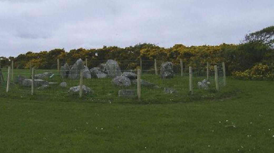 Ballakelly Cairn, Santon. Possibly the remains of a Neolithic Chambered Cairn, with later Bronze Age 'cup-marks' carved on some of the stones.