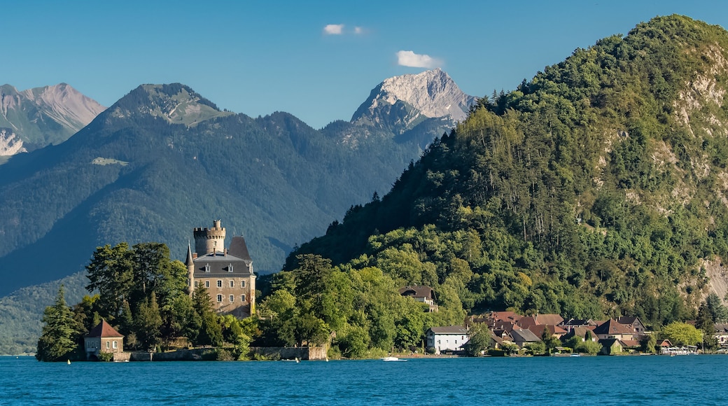 Annecy in France, the Duingt castle on the lake, and the Saint-Jorioz village