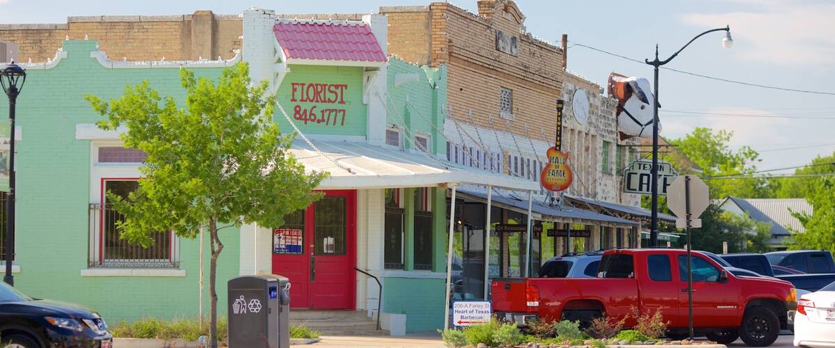 A street with a green building labeled "FLORIST 846 1777" and a red truck parked on the side.