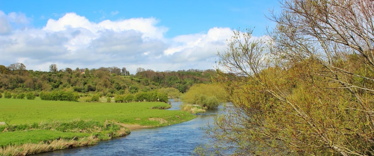 A river flowing through a green landscape with trees and hills in the background.