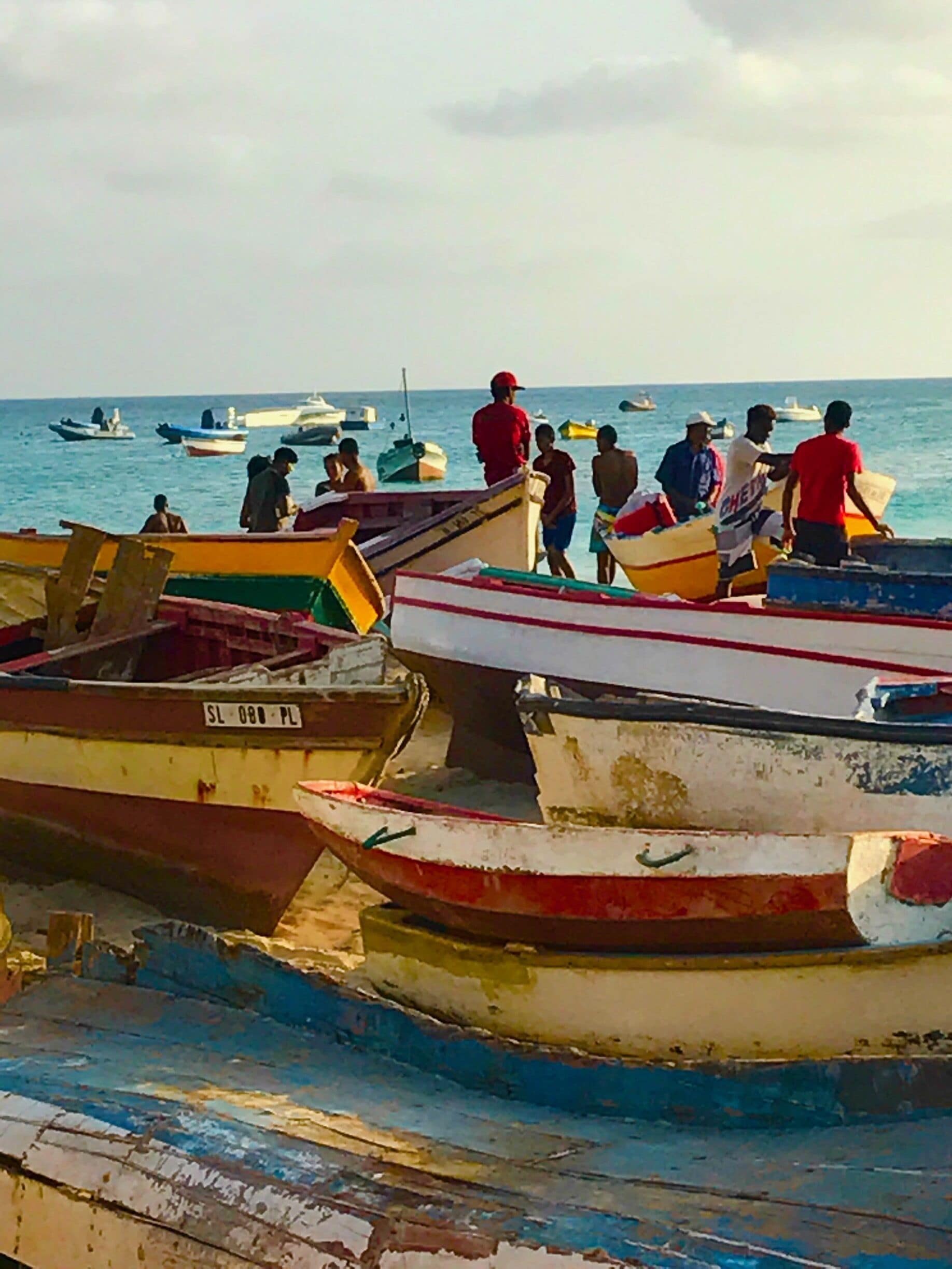 Colourful boats on Santa Maria beach in Cape Verde
