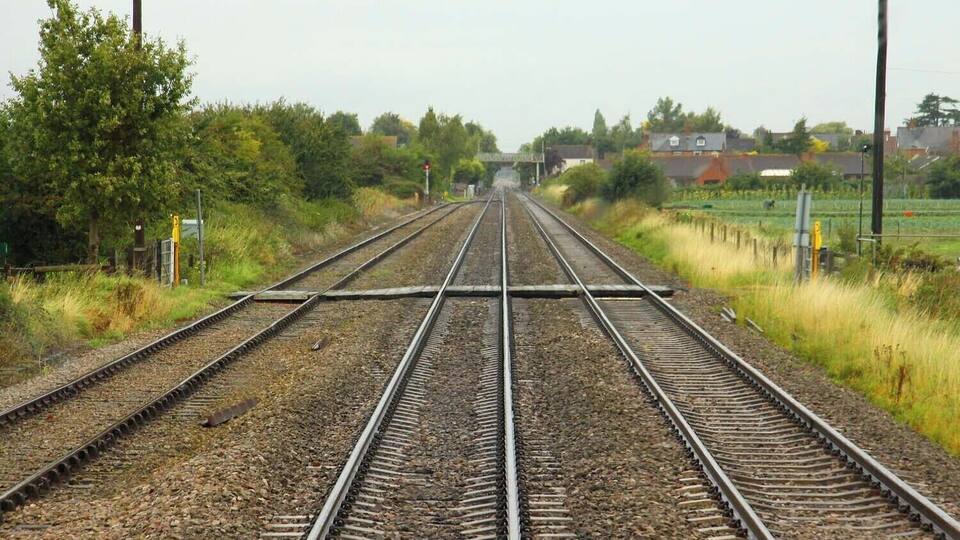 Railway tracks with multiple sets converging towards a distant point, surrounded by greenery and residential buildings.