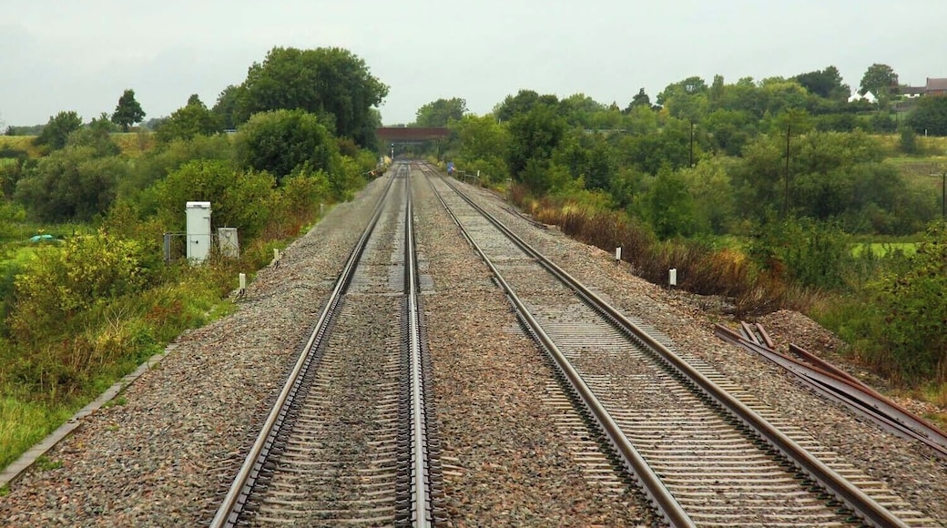 The railway embankment nears the River Avon