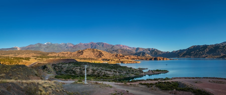 Panoramic view of Embalse Potrerillos Dam near Cordillera de Los Andes - Mendoza Province, Argentina
