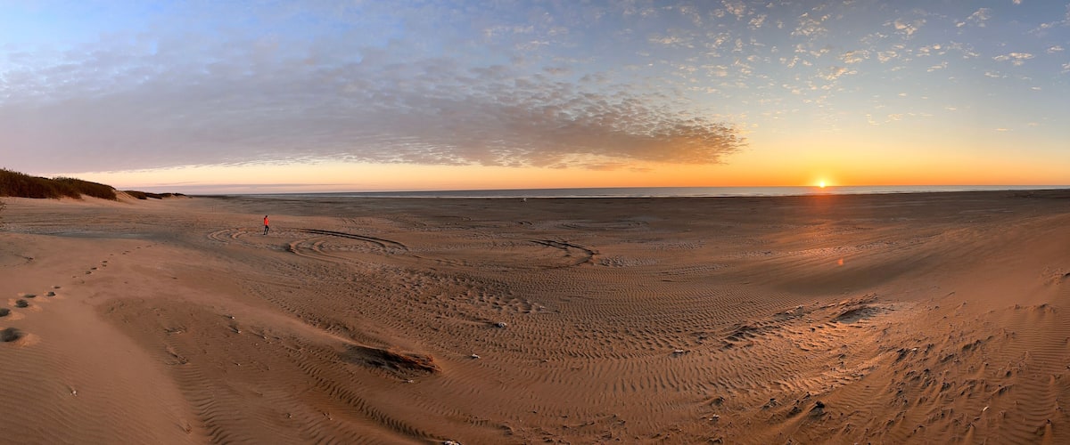 A desert landscape with a sunset over the horizon, sandy terrain with tire tracks, and sparse vegetation along the dunes.