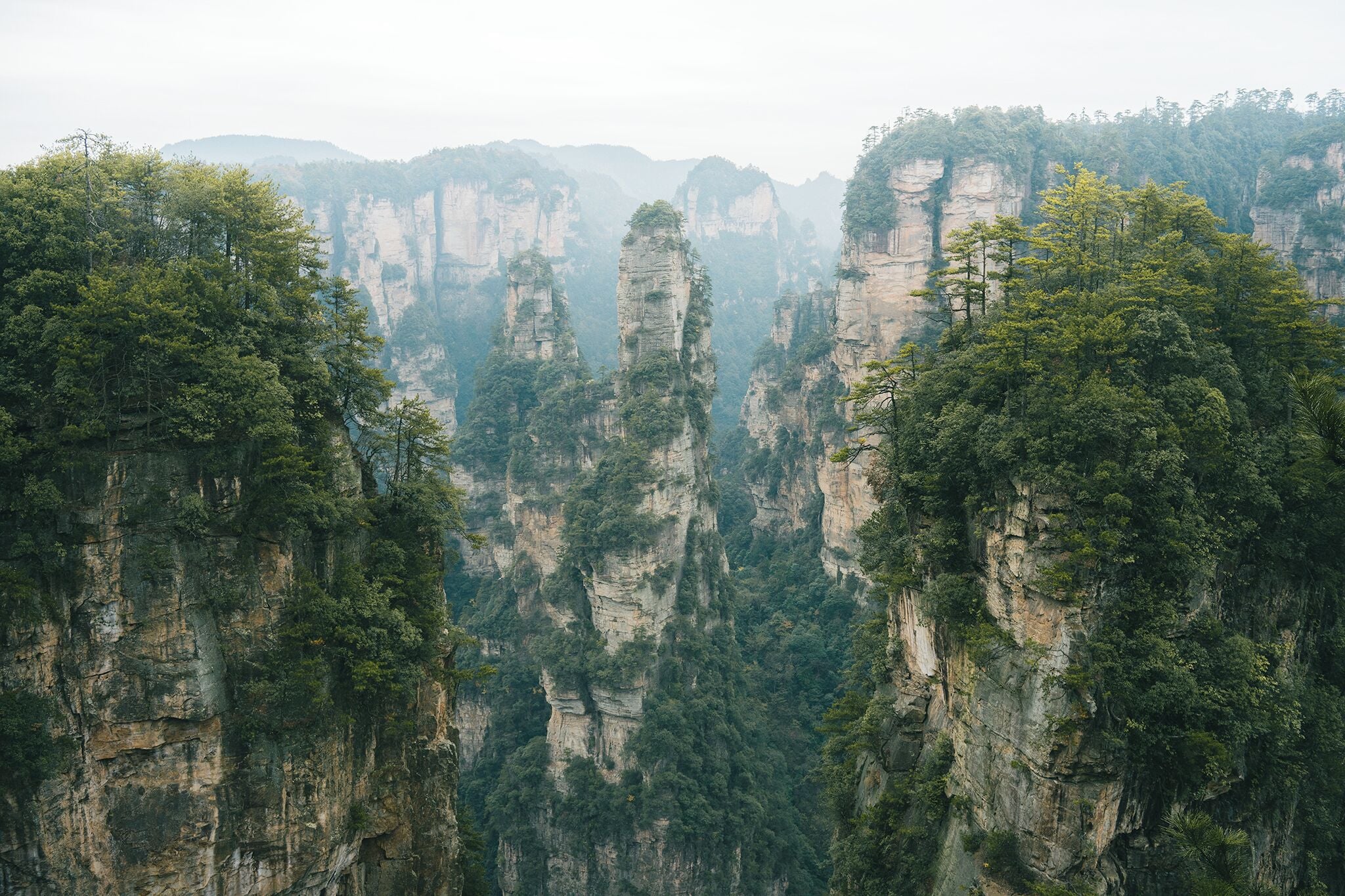 Numerous platforms are set for having panoramic views over the spectacular columns in Wulingyuan Scenic Area.