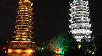 Located in Guilin, Two Rivers and Four Lakes Scenic Spot refer to the landscape - Sun and Moon Pagodas - Mulong Pagoda was built by imitating Longhua Pagoda in Song Dynasty in Shanghai.