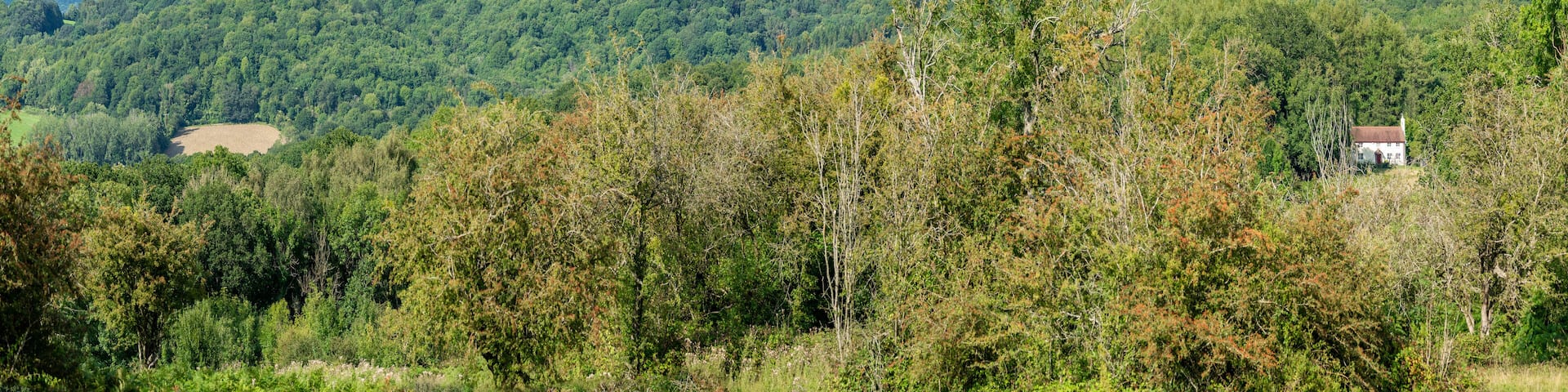 Malvern Hills and distant little, white country cottage,Ledbury,Herefordshire,United Kingdom.