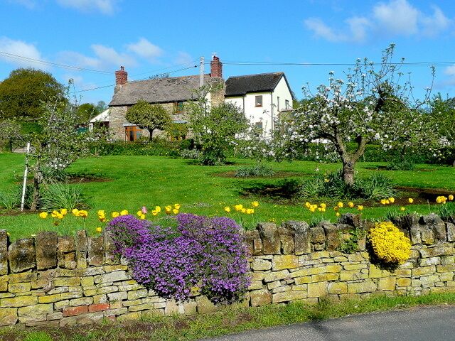 A stone wall with flowers, a white house, and a green field.