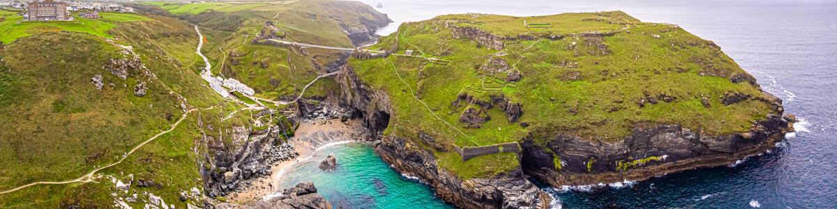 Aerial view of Tintagel castle in Cornwall