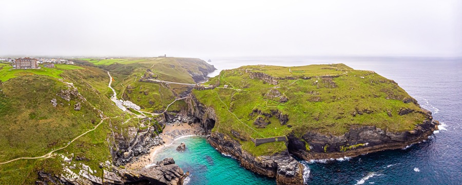 Aerial view of Tintagel castle in Cornwall