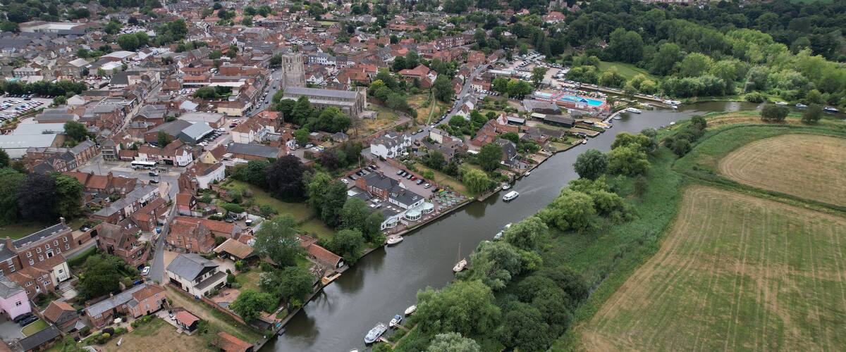 Beccles town in Suffolk UK drone aerial view