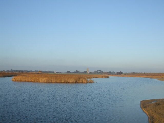 A calm river with a small island of reeds in the center and a distant building on the horizon.