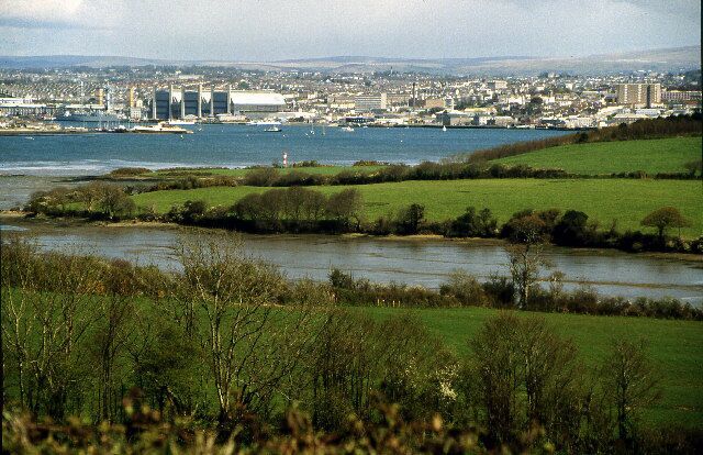Devonport from near Millbrook, Cornwall. Contrasting rural landscape on the Torpoint side of the Tamar