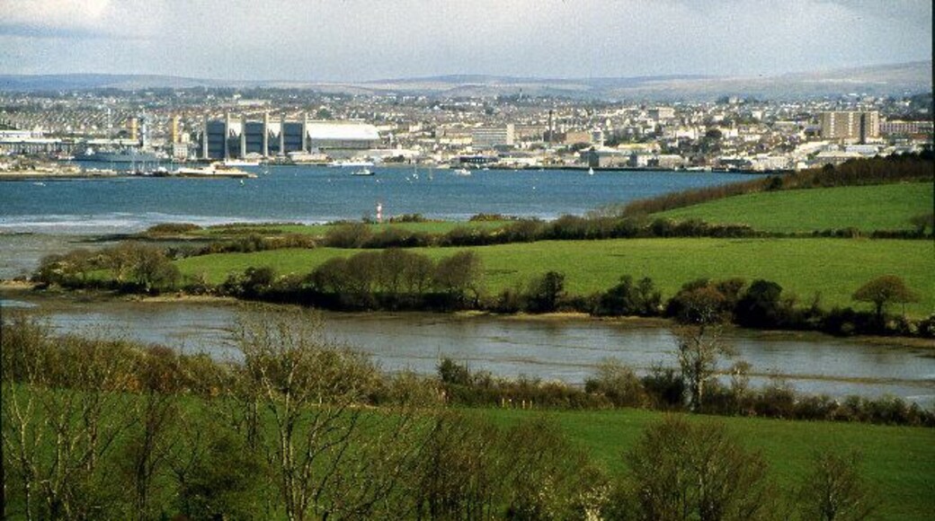 Devonport from near Millbrook, Cornwall. Contrasting rural landscape on the Torpoint side of the Tamar