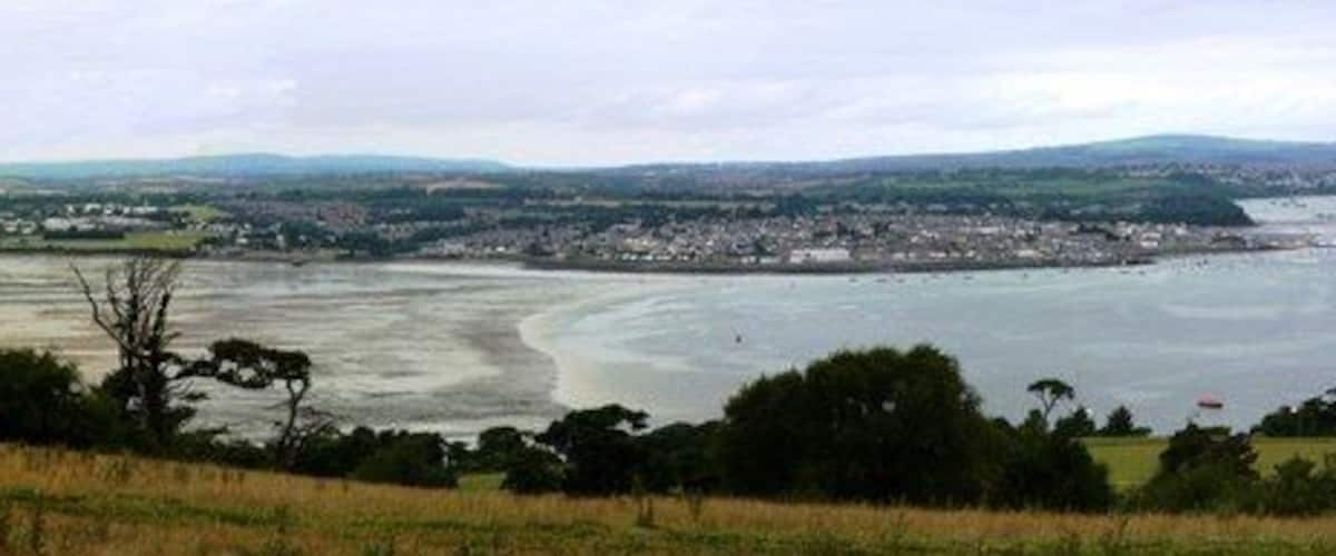A coastal landscape with a river, a town, and rolling hills in the distance.