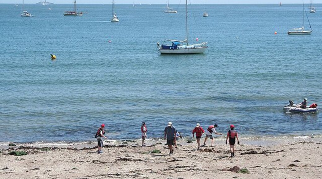 Maker with Rame: Kingsand beach Looking east-south-east with a naval vessel a frigate or destroyer on the horizon, left