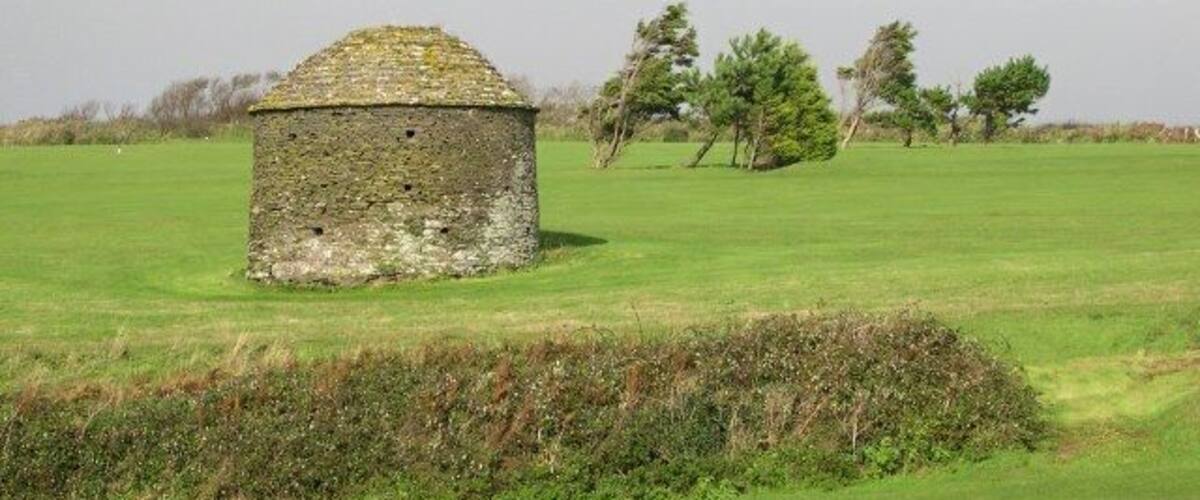 A stone structure in a grassy field with trees in the background.