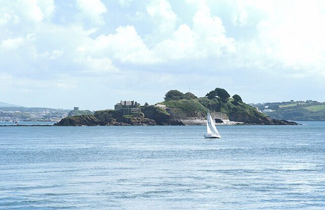 Plymouth: Drakes Island Looking east from Mount Edgcumbe Country Park with the tower on Mount Batten, centre left, beyond. Drakes Island used to be a state prison. In 1548 it was fortified and in the process the medieval chapel dedicated to St Nicholas, after whom the island was once named, was demolished