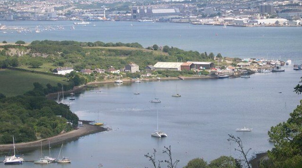 Southdown on the Insworke Peninsula. This photograph was taken from the viewpoint on Maker Heights at SX430515. It looks very pretty with the tide in but when the tide is out - which is most of the time - almost all the foreground water is mud flats. In the background is the River Tamar and Devonport Dockyard.