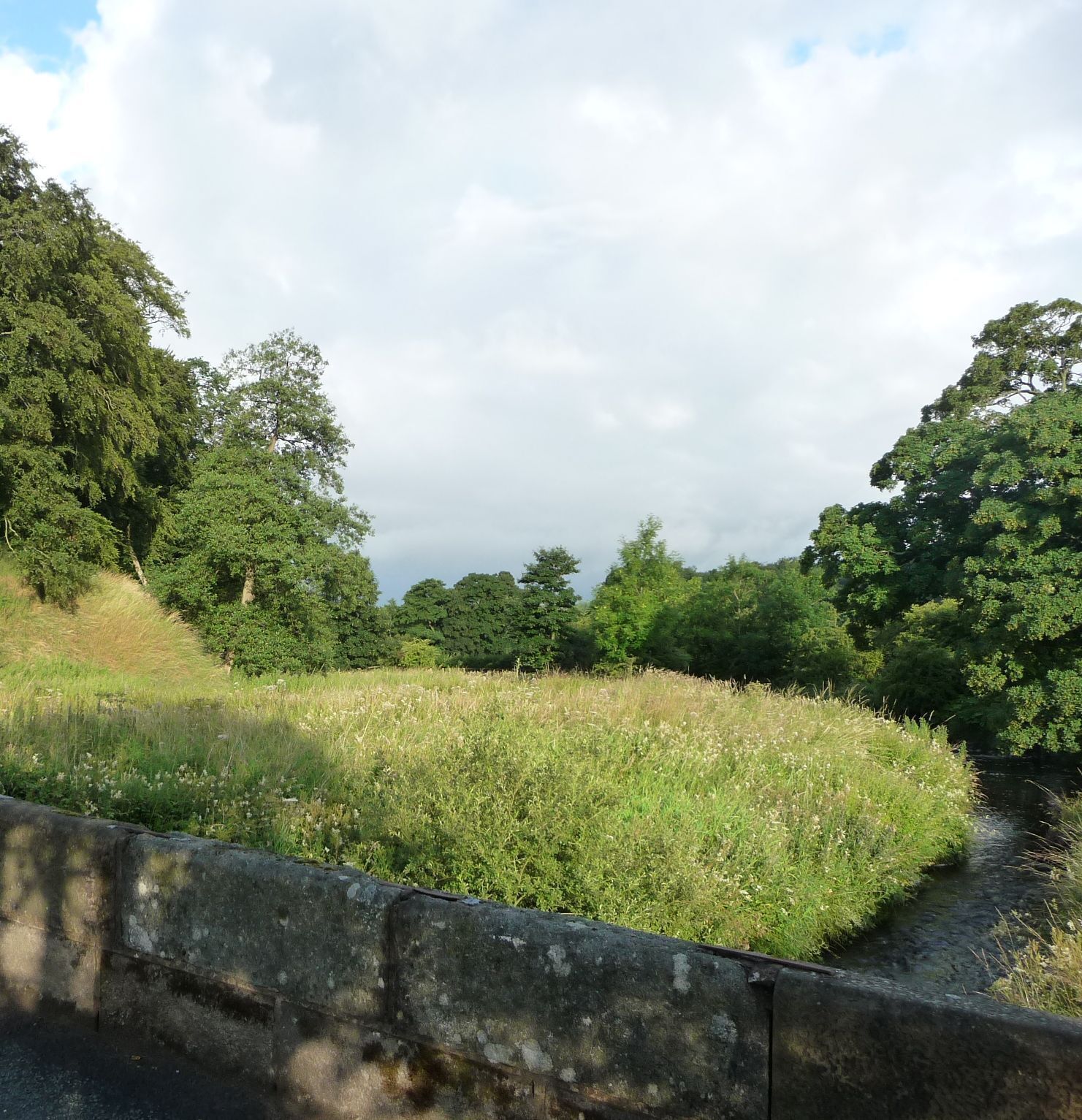 A grassy field with a concrete barrier and a stream.