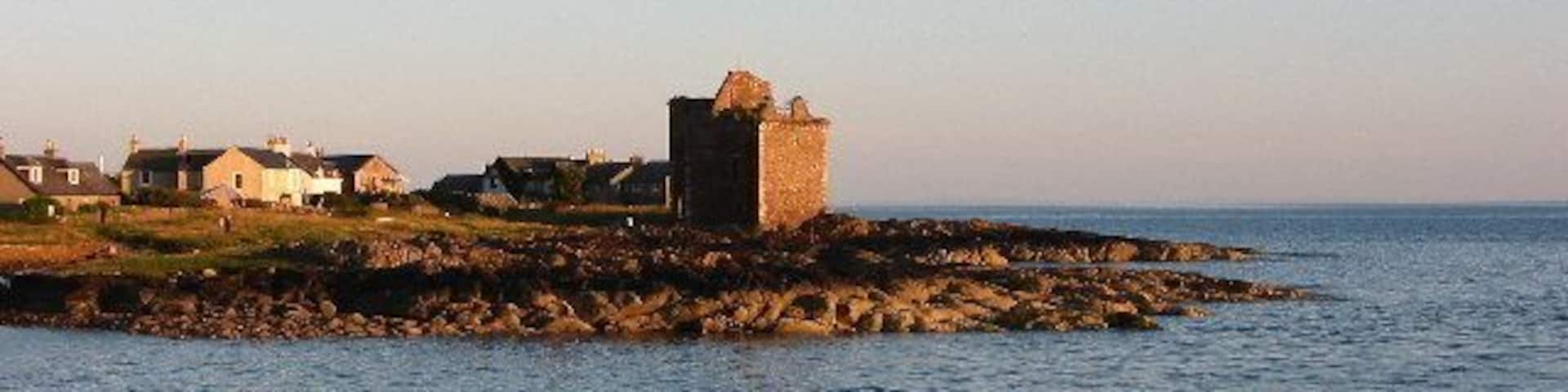 Portencross Castle at sunset.