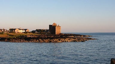 A coastal scene with a stone structure on a rocky outcrop, houses in the background, and calm water.