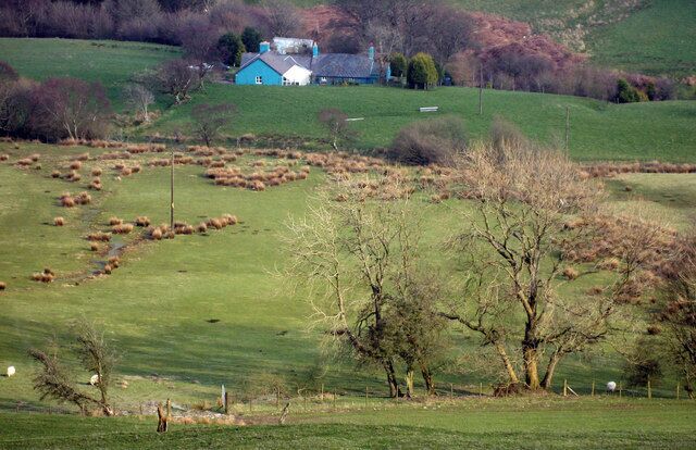 Un paisaje rural con colinas onduladas, una casa azul y árboles dispersos.