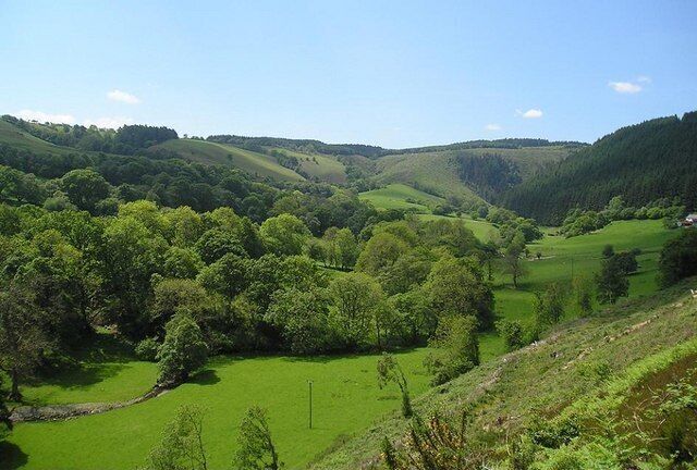 A lush valley with rolling hills, dense forests, and a clear blue sky.