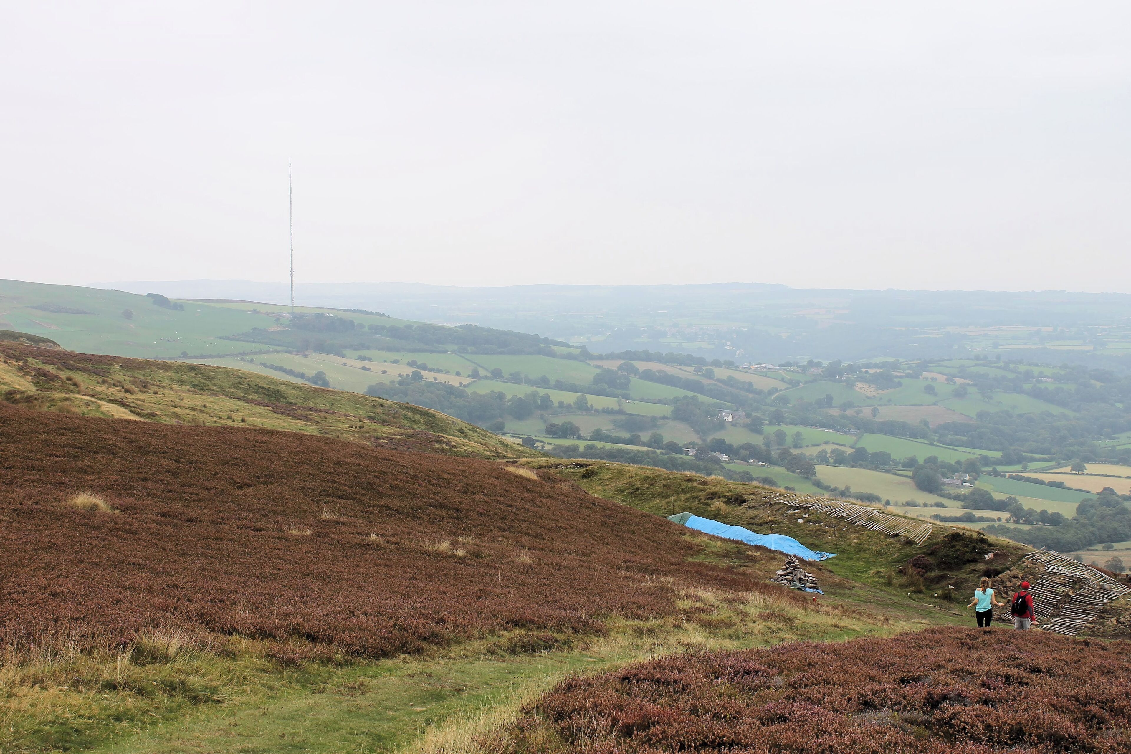 An archaeological dig can be seen in this (eastern) part of the hillfort of Penycloddiau, Clwydian Hills, North Wales; looking east. Penycloddiau is one of the largest hillforts in Wales, Penycloddiau is 21 hectares in area with its surrounding defneding ditches nearly 2 km in length.