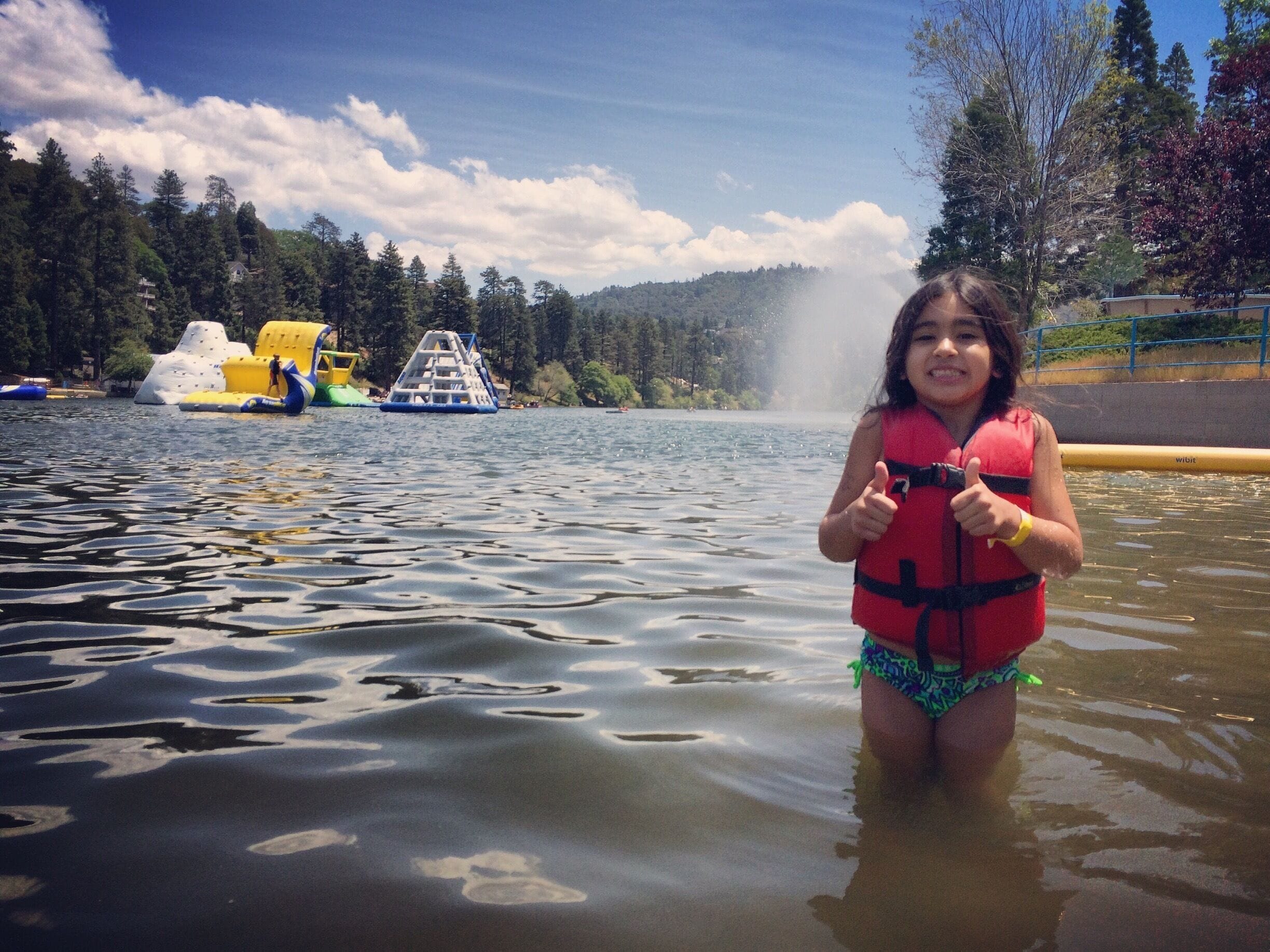 Ice cold lake is well worth the swim to an inflatable playground in the middle of the lake.