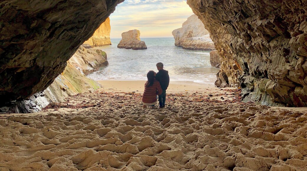 Sitting under a sea cave with my little one at Shark Fin Cove. A picturesque beach with stunning views of Northern California's stunning coastal landscape. During low tide, you can explore all kinds of sea creatures in the tide pools and if you're lucky, you can spot humpback whales during their migration season. There is a small parking lot by a discontinued railroad track where you can park your car and walk across to the beach entrance. It can be a bit steep and slippery at times so wear good shoes! #Adventure #beautifulplaces #familytime #memories #discoveries #exploring #withchildren #nature #outdoors #lanscape #northerncalifornia #beaches #usa #sharkfincove #davenport #santacruz