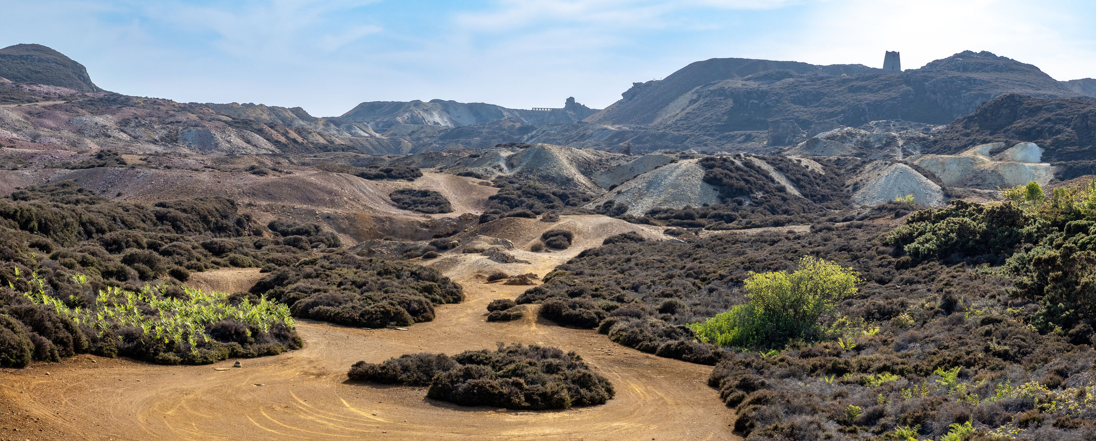 A rugged landscape with rolling hills, sparse vegetation, and a distant castle-like structure.