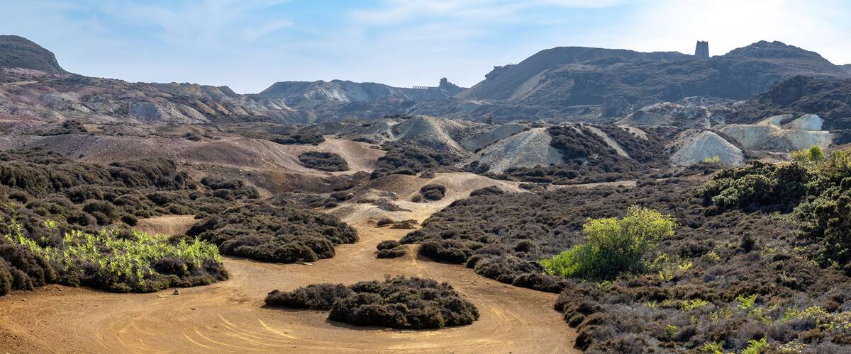 A rugged landscape with rolling hills, sparse vegetation, and a distant castle-like structure.