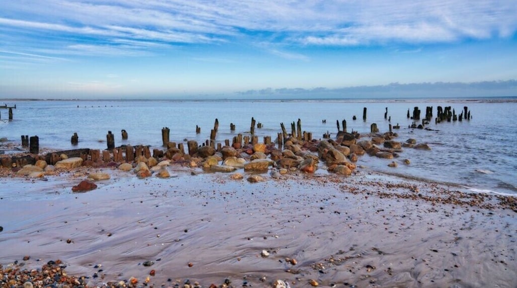 Winchelsea beach.
A long spanning beach that covers several miles and is great for a long walk, this photo shows the site of the original jetty that led to a dry dock for ship repairs.
Abandoned at the beginning of last century it was left for the sea to reclaim but still shows at low tide.