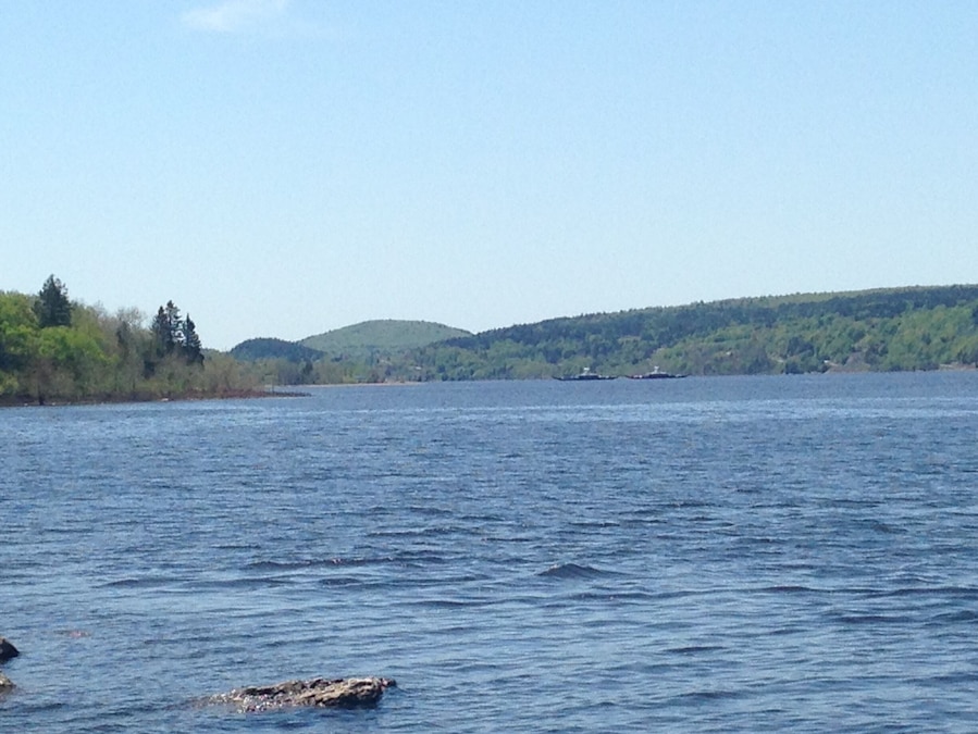 Kayaked on the Kennebecasis River. Background shows cable ferries from Gondola Point to Kingston Peninsula. (August 2014)