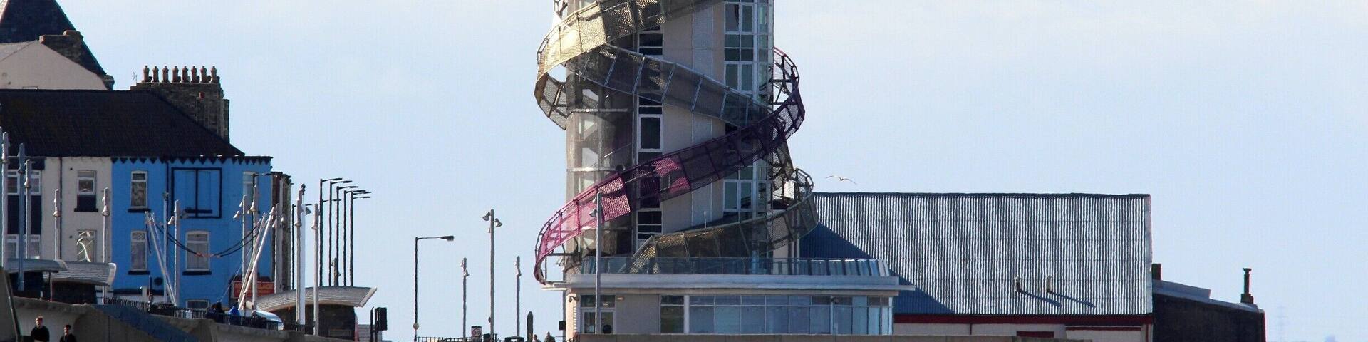 A view from the beach - the structure - a so-called "Vertical Pier", is not loved by all, but in some lights it looks good, and the view from the top is impressive.