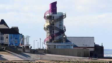A view from the beach - the structure - a so-called "Vertical Pier", is not loved by all, but in some lights it looks good, and the view from the top is impressive.