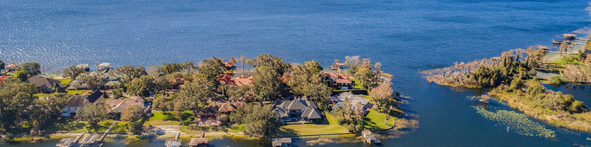 Aerial Overlooking Lakeside Homes in Central Florida