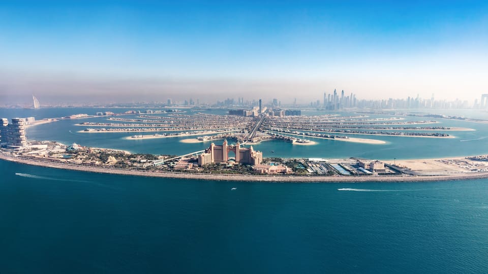 Dubai Palm Jumeirah island aerial view in United Arab Emirates