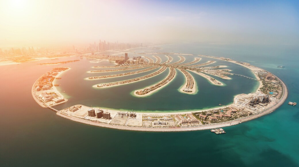 Aerial view of artificial palm island in Dubai. Panoramic view.