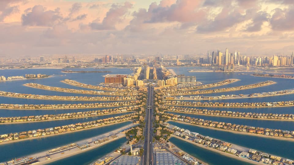 The Palm Jumeirah Islands during sunset in Dubai