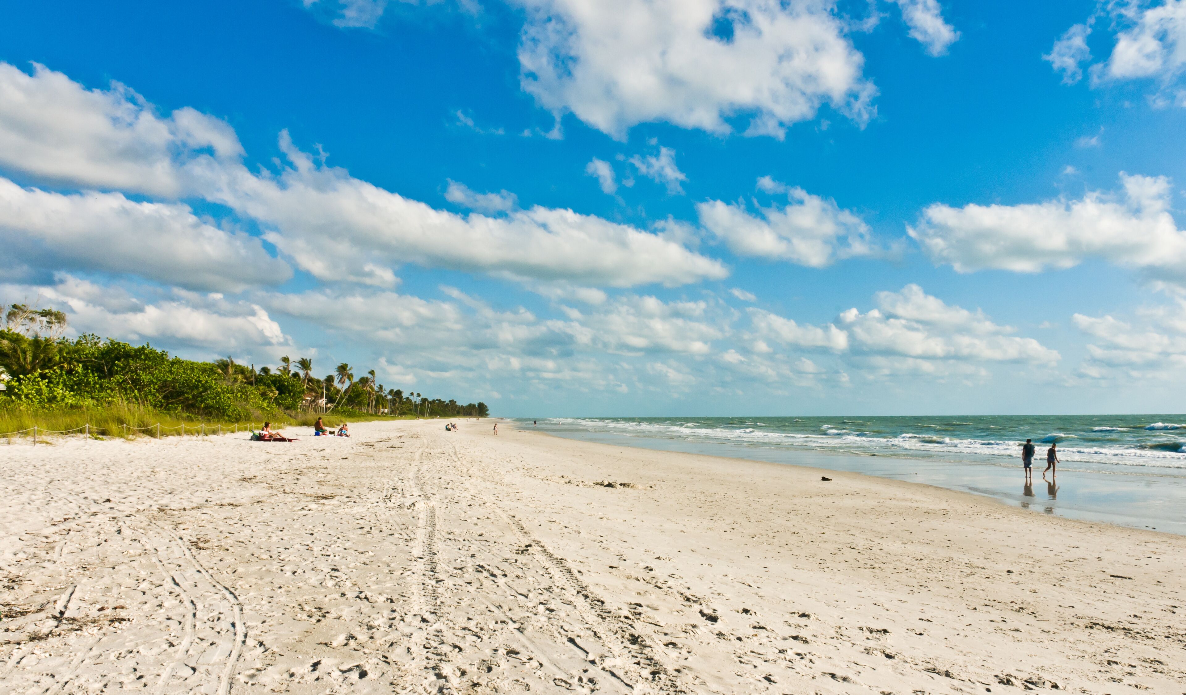 Front view, long distance of families moving across a white, sandy beach to the shoreline of a tropical, park on the Gulf of Mexico