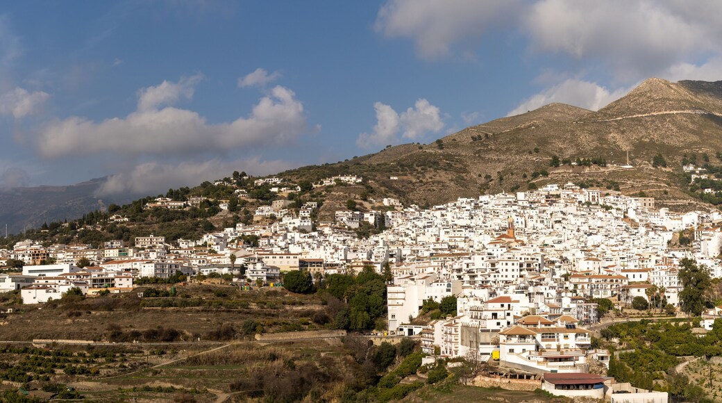 panorama view of a whitewashed village in the hills above Malaga in the Andalusian backcountry