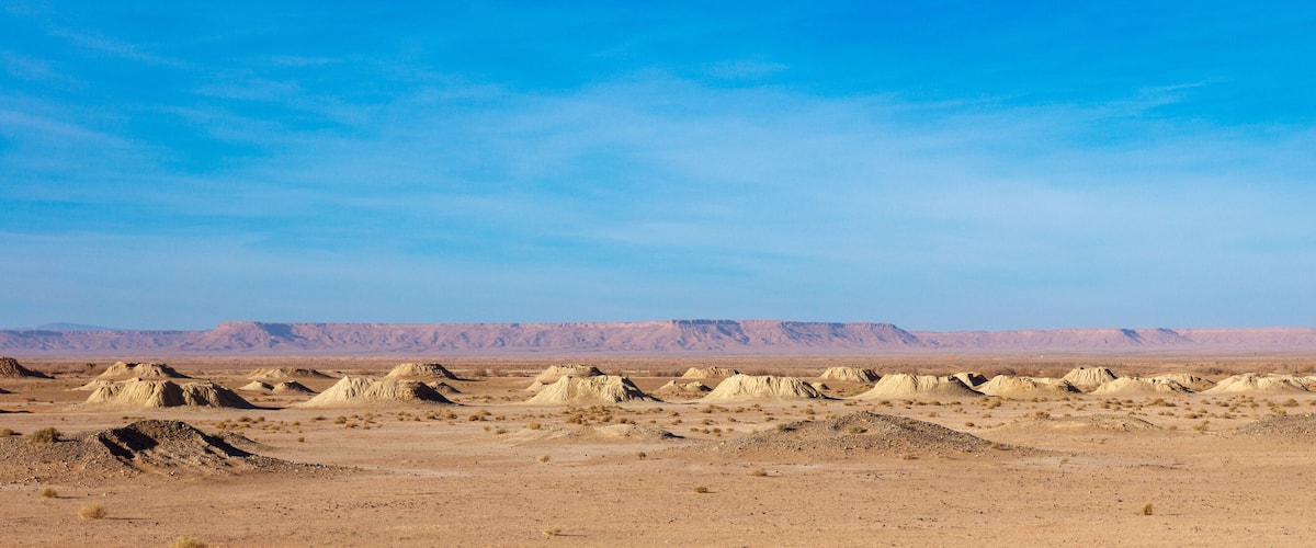 A desert landscape with numerous sand formations and distant mountains under a clear blue sky.