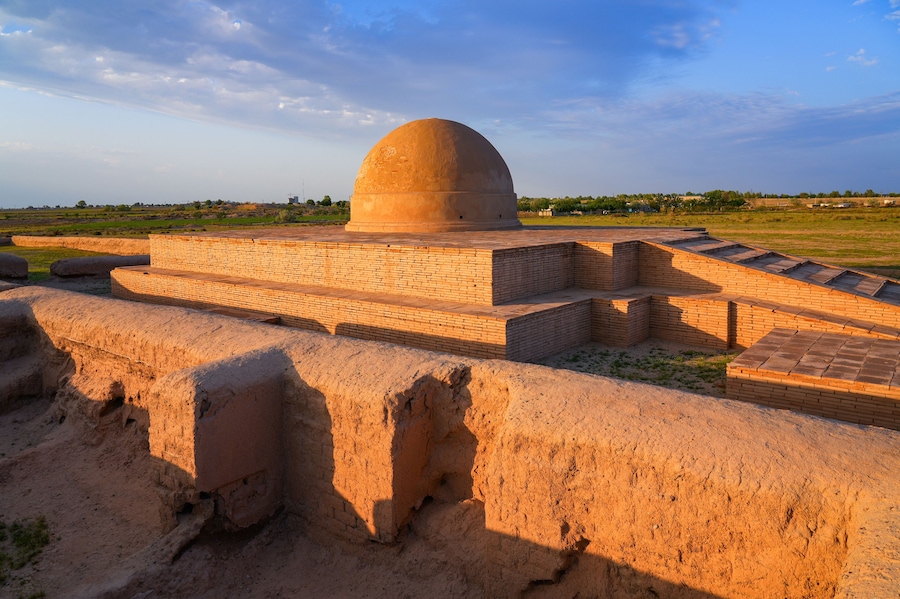 Stupa of Fayaz Tepe, a Buddhist archaeological site in the Termez oasis, in the Surxondaryo Region of southern Uzbekistan, Central Asia