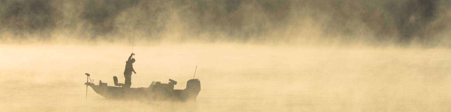 Bass Fishing at Sunrise Through Morning Fog, Tennessee River