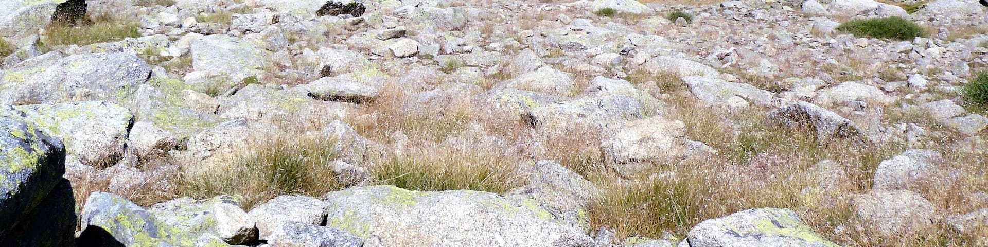 A rugged mountainous landscape with rocky terrain and sparse vegetation.